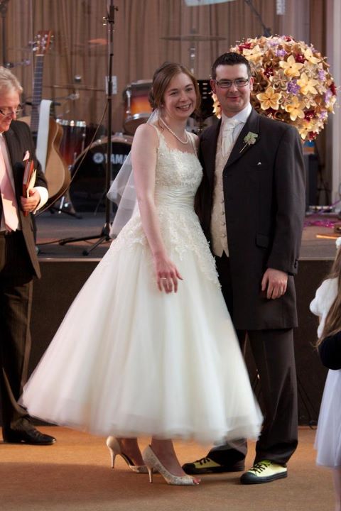 free church ballerina length wedding dress with high heels