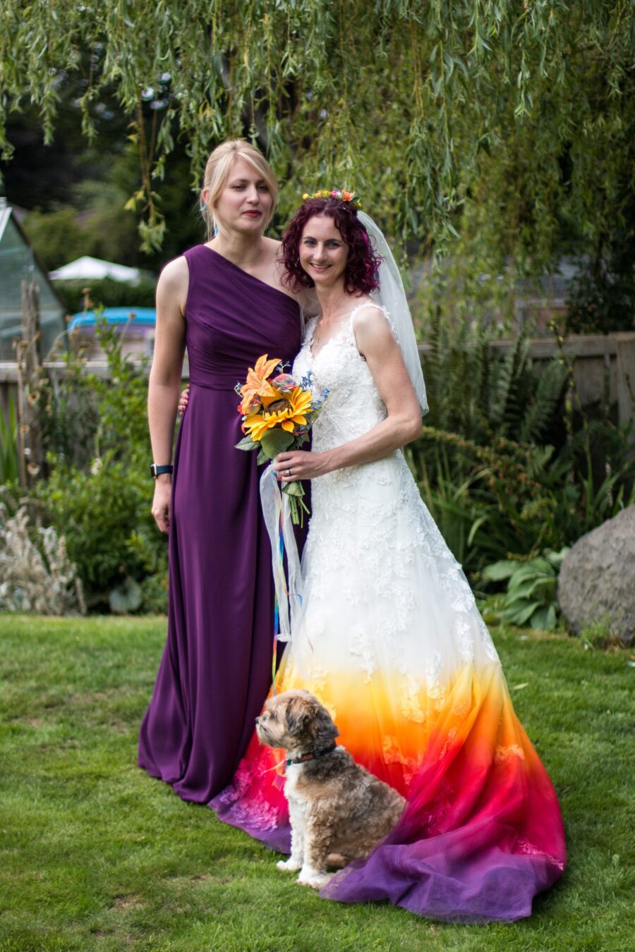 custom bright vibrant colourful rainbow festival bridal look summer garden wedding