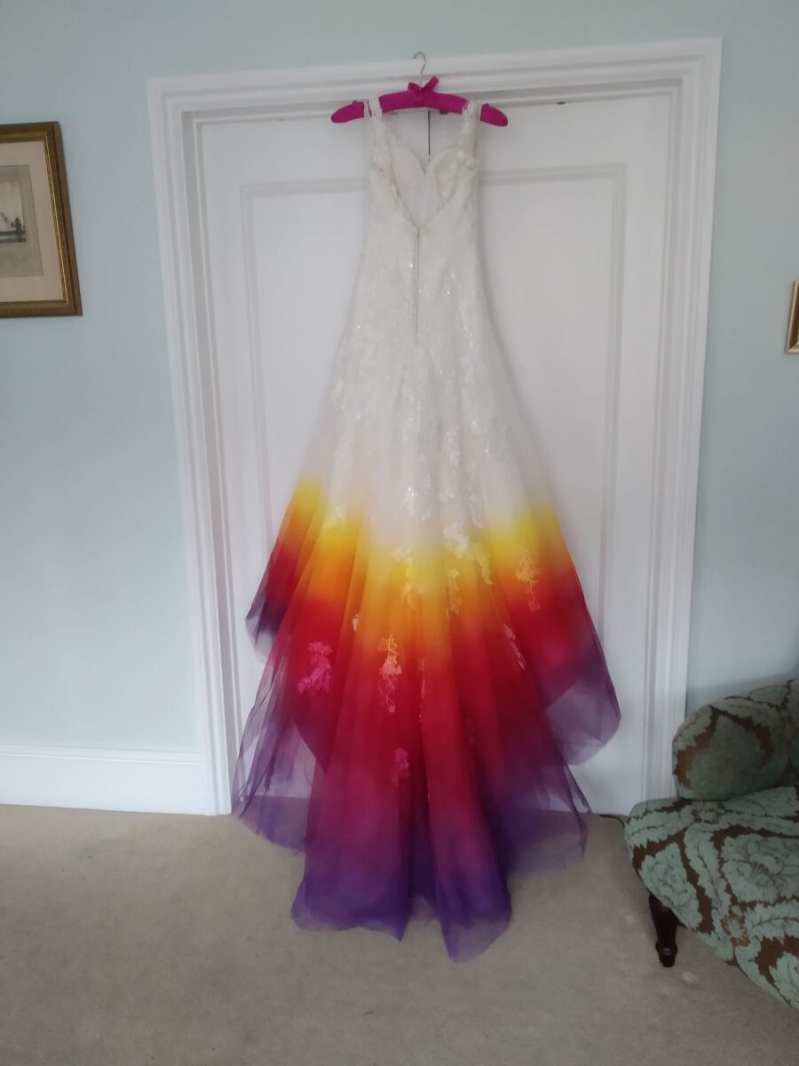 Northern lights yellow orange red pink purple ombre dip dye colour wedding dress