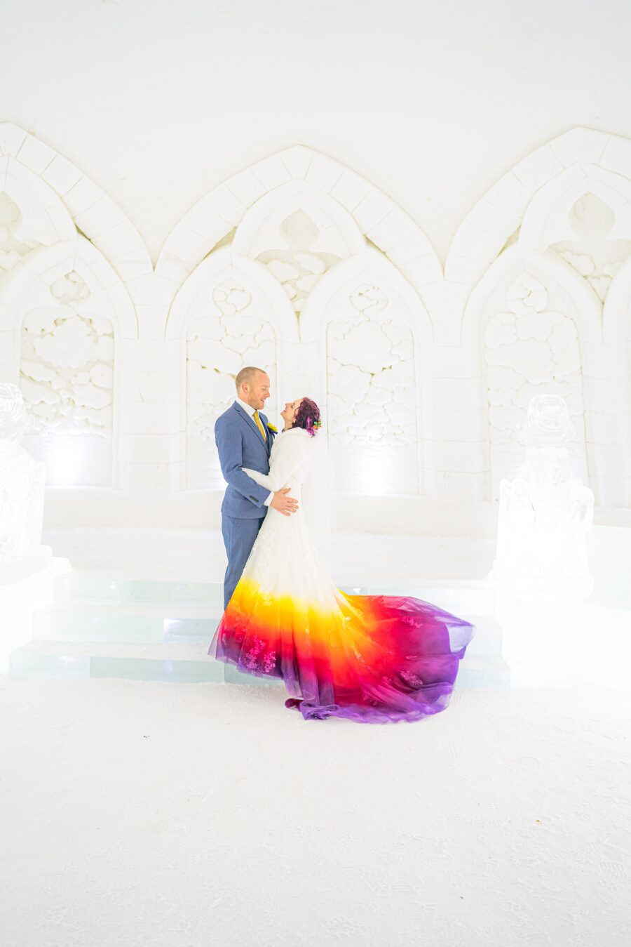 dip dye ombre gradient colourful lace wedding dress sunflower yellow orange tangerine fuchsia cerise purple