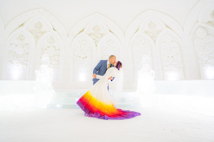 frozen ice cathedral chapel bride groom rainbow wedding dress skirt bride to be 2026