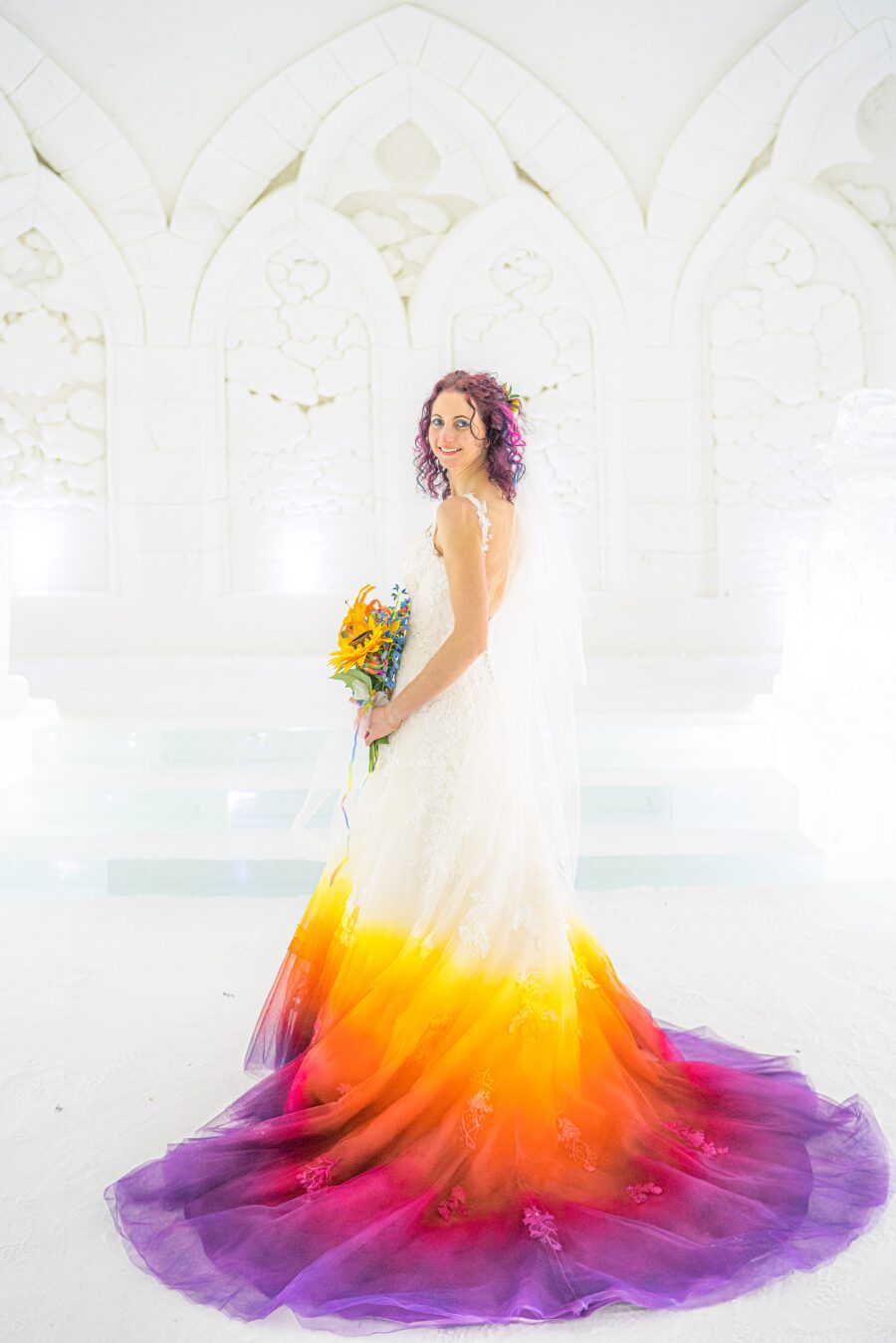 bright vibrant happy buttercup yellow orange pink purple wedding dress