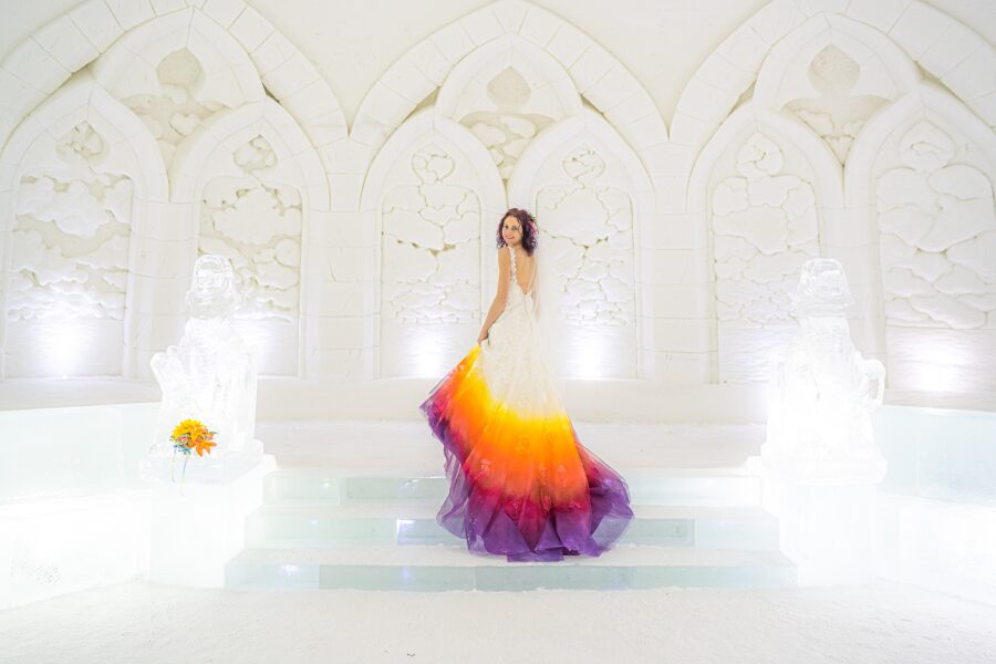 vibrant bright colourful sunset fire northern lights fantasy princess wedding dress