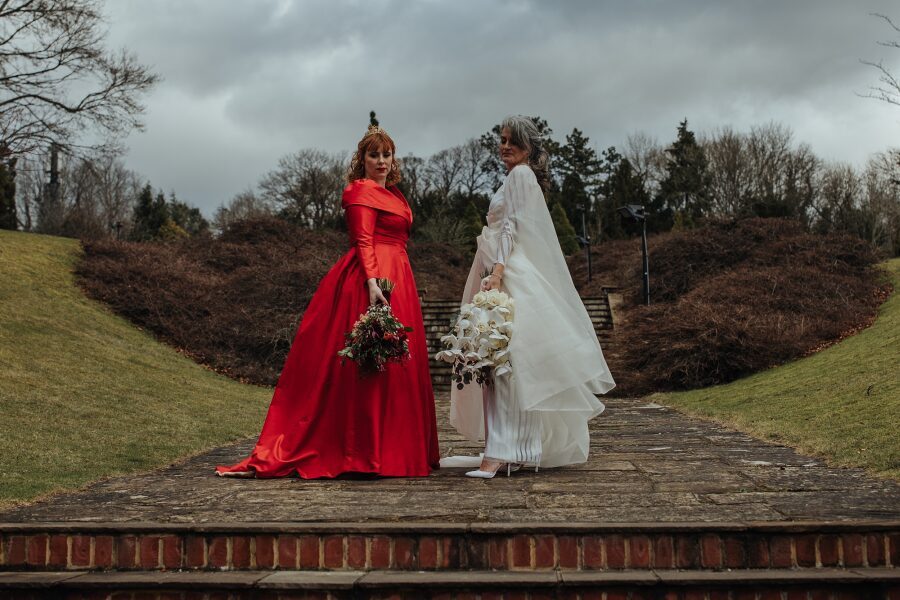 queen hearts diamonds brides regal royal red satin dress coat white sheer overcoat