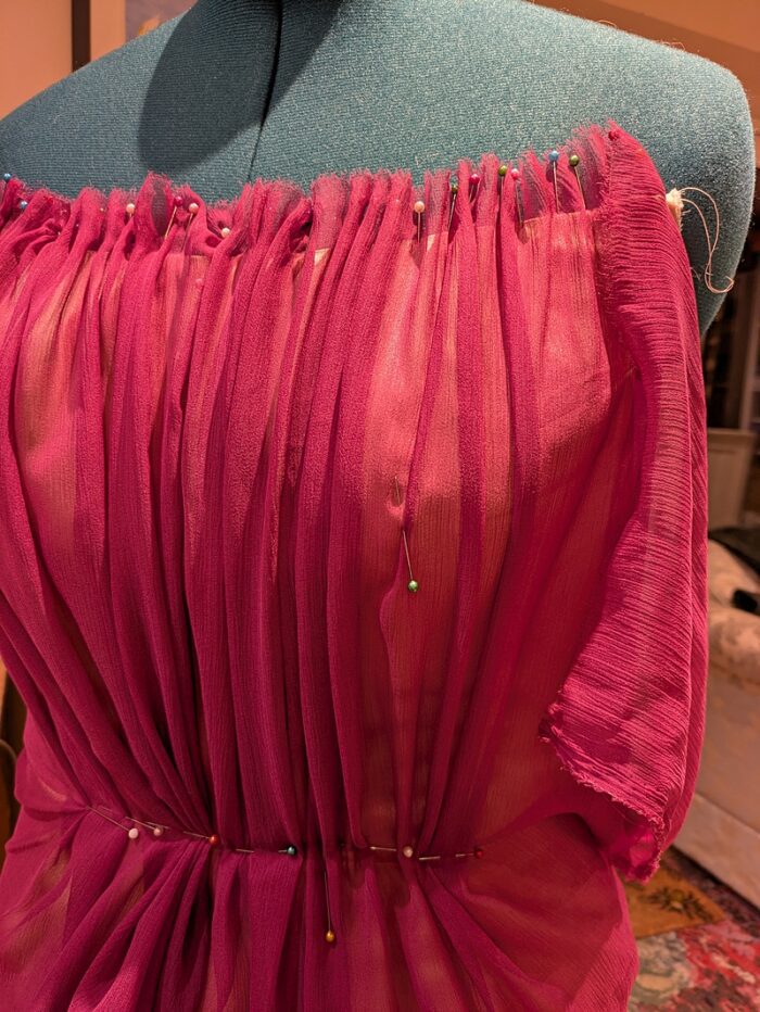 pleated chiffon bodice berry pink and red
