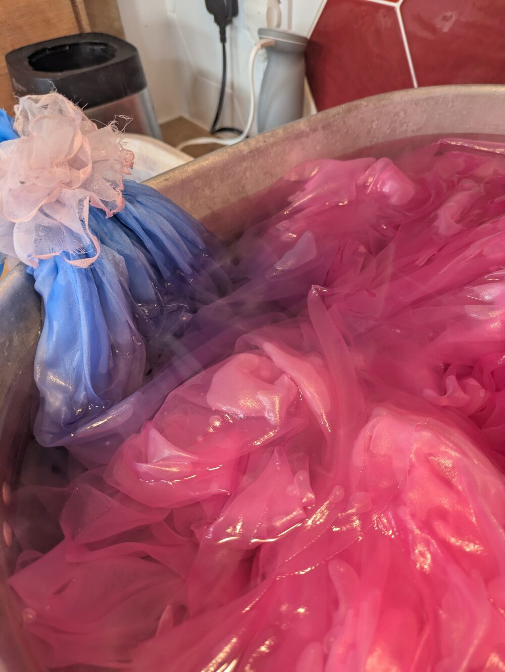 ombre pink blue gradient fabric dip dyeing