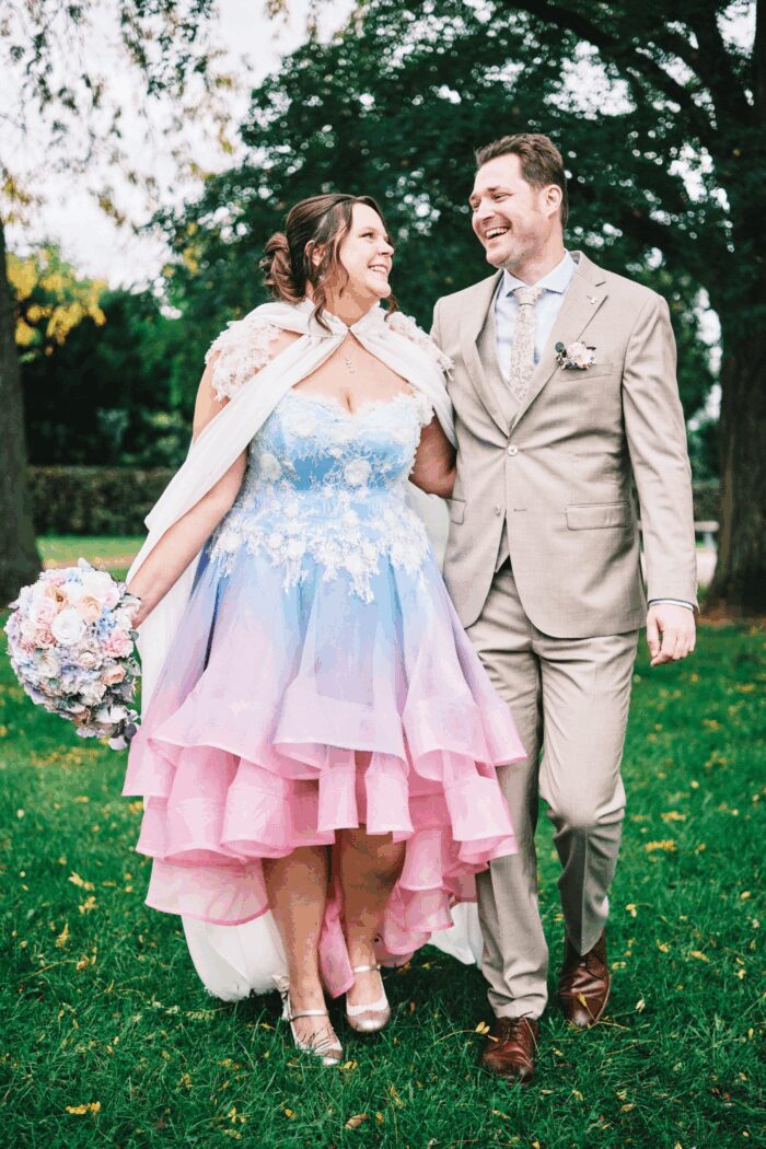 dopamine dressing colourful bride light baby blue turquoise aquamarine lilac purple pink wedding dress