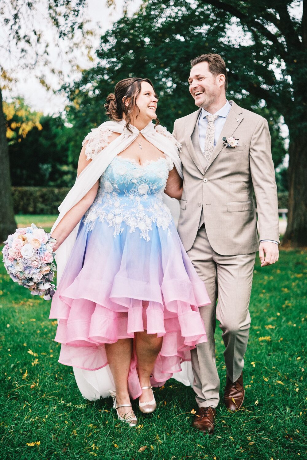 dopamine dressing colourful bride light baby blue turquoise aquamarine lilac purple pink wedding dress