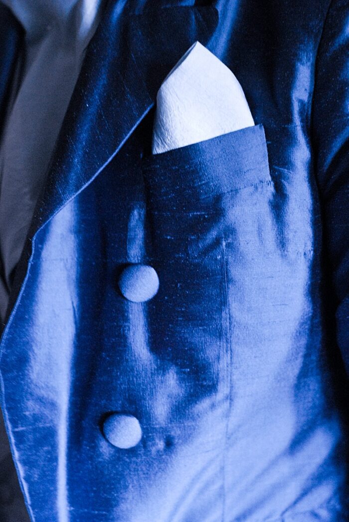 pocket and cover button detail on Groom's silk Frock-coat by Felicity Westmacott