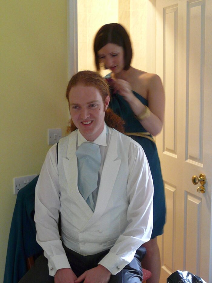 Ivory brocade waistcoat and silk cravat