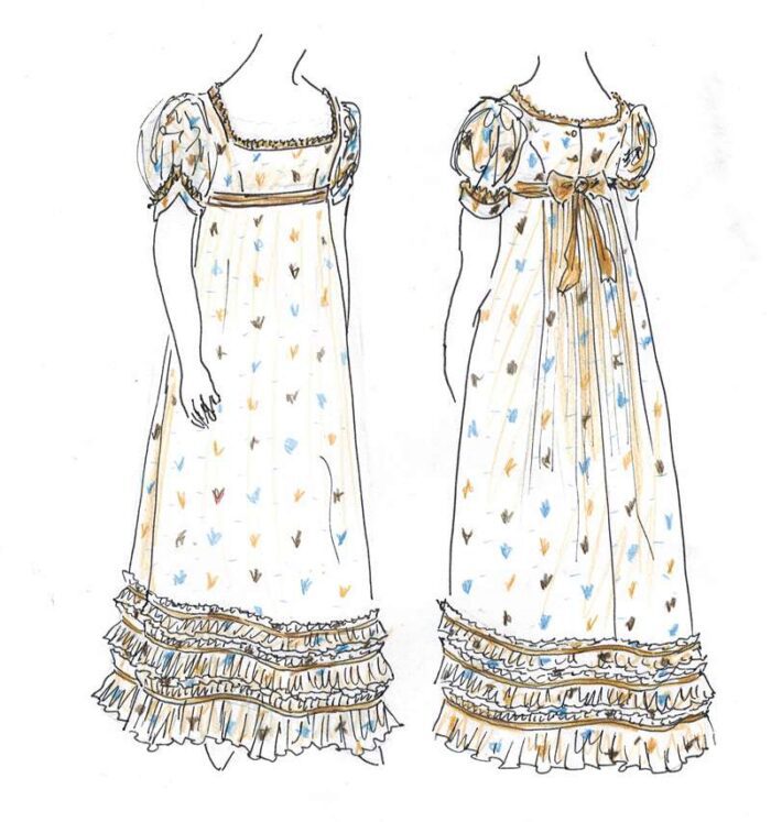 blue and gold muslin dress design by Felicity Westmacott