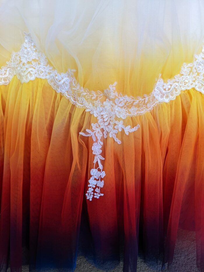 autumn colour dipd dye wedding dress with lace trim