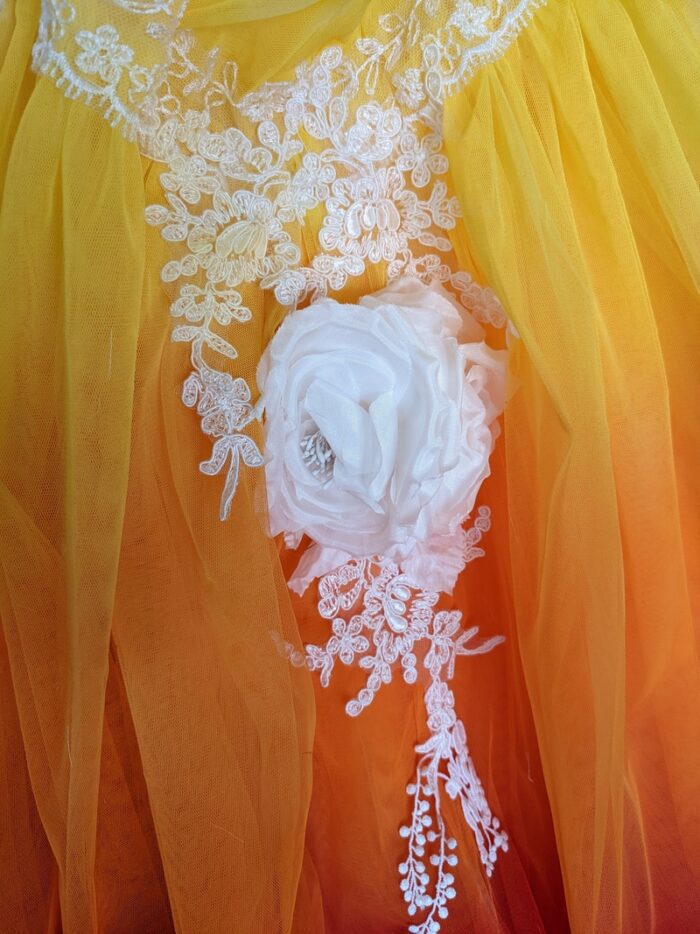 silk flower detail on made to measure wedding dress surrey