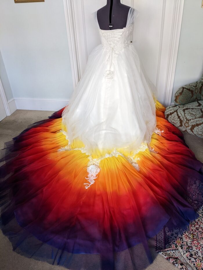 flame colour wedding dress train