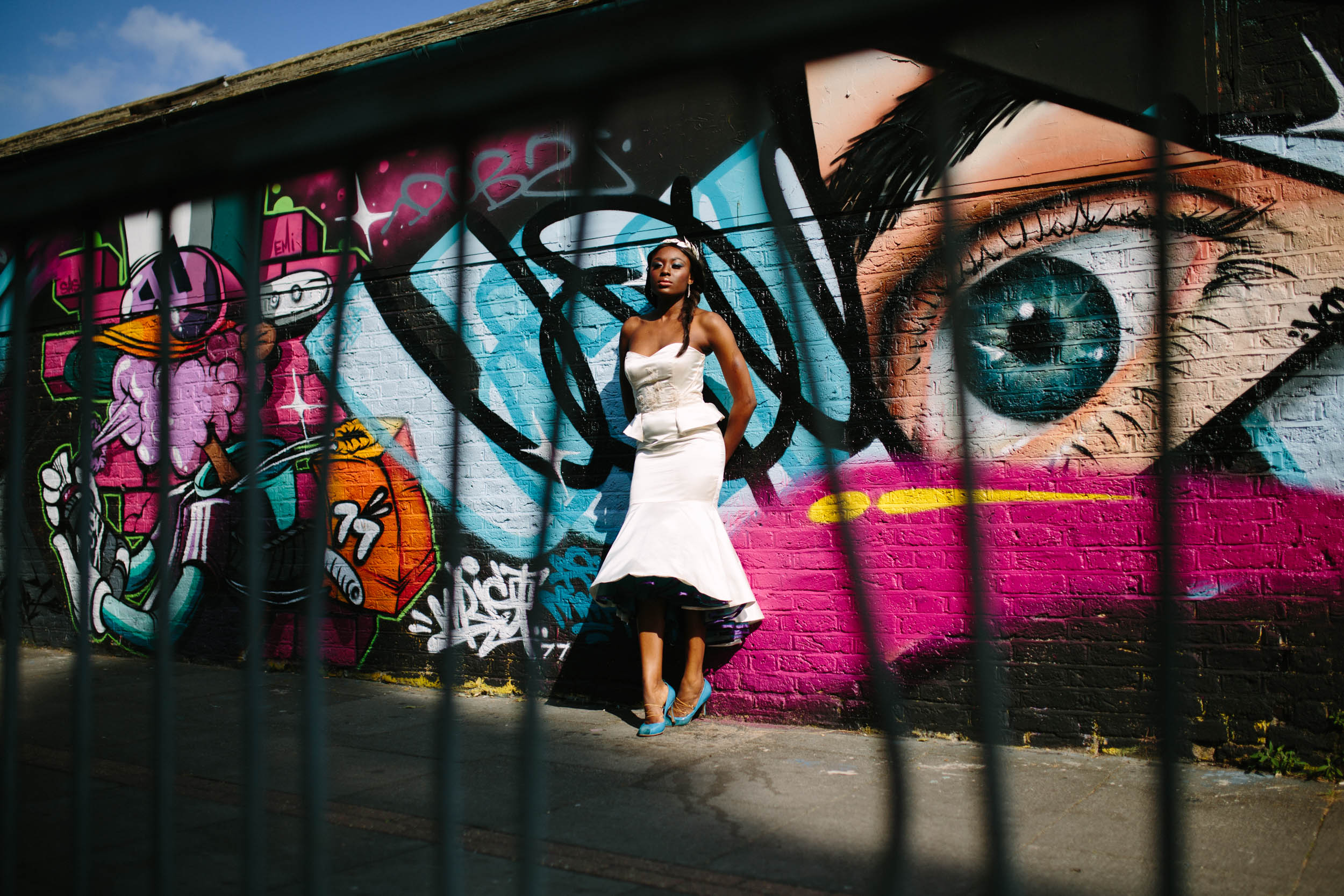 modern alternative wedding dress black bride graffiti wall